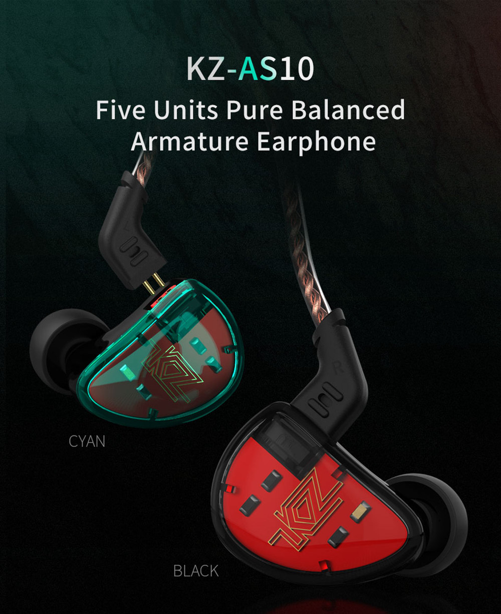 KZ AS10 5BA HiFi Stereo Earphone In-ear Earbuds with 0.75mm 2 Pin Cable - Black WITH MIC