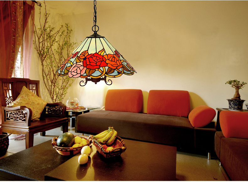 FUMAT Tiffany Style Stained Glass Pendant Light - Romantic Rose Love Design