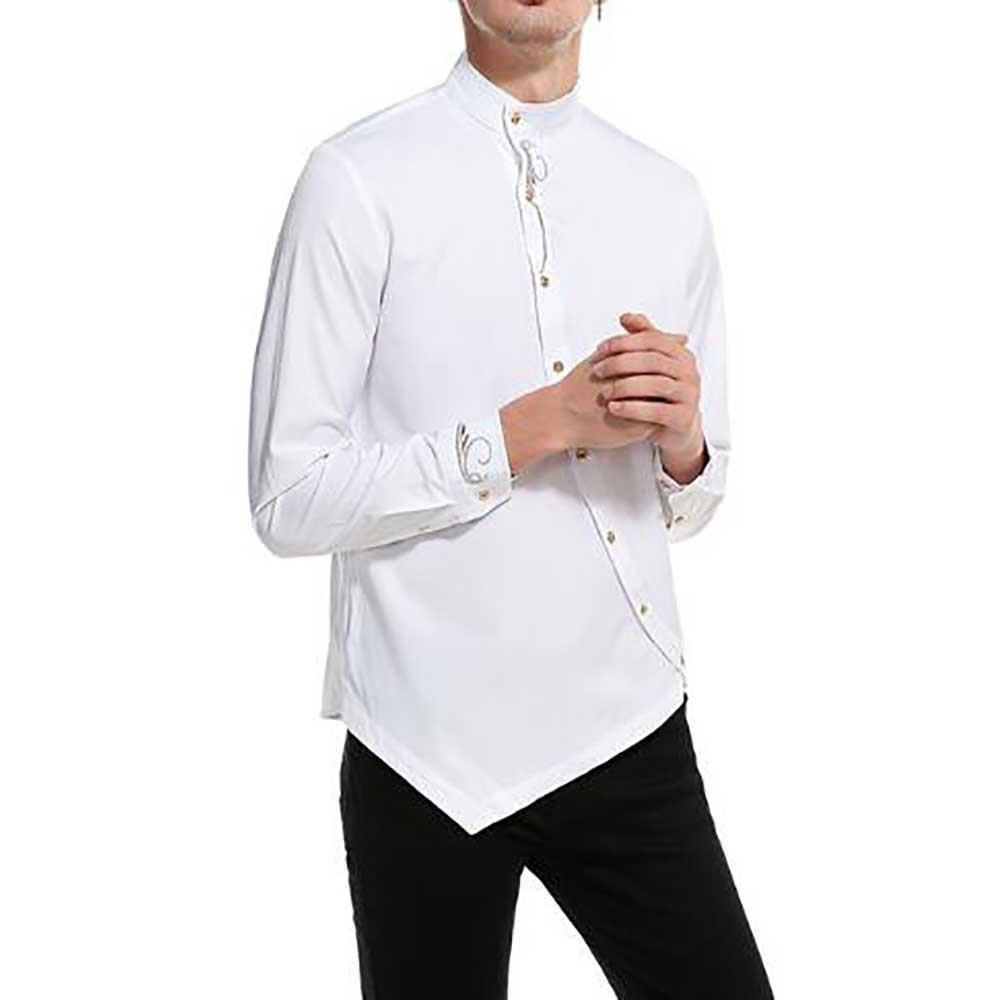 Men's Fashion Casual Long Sleeved Shirt Solid Color Slim Fit Cotton Size S - White