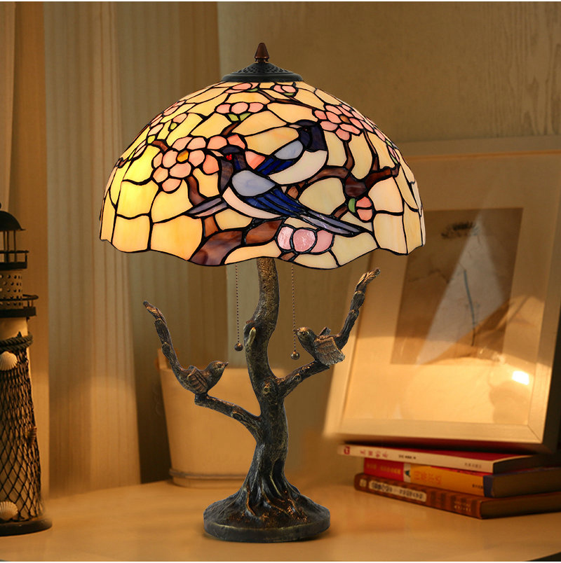 FUMAT 16 Inches Tiffany Style Stained Glass Handcrafted Table Lamp - Resin Base Magnolia Blossom Design