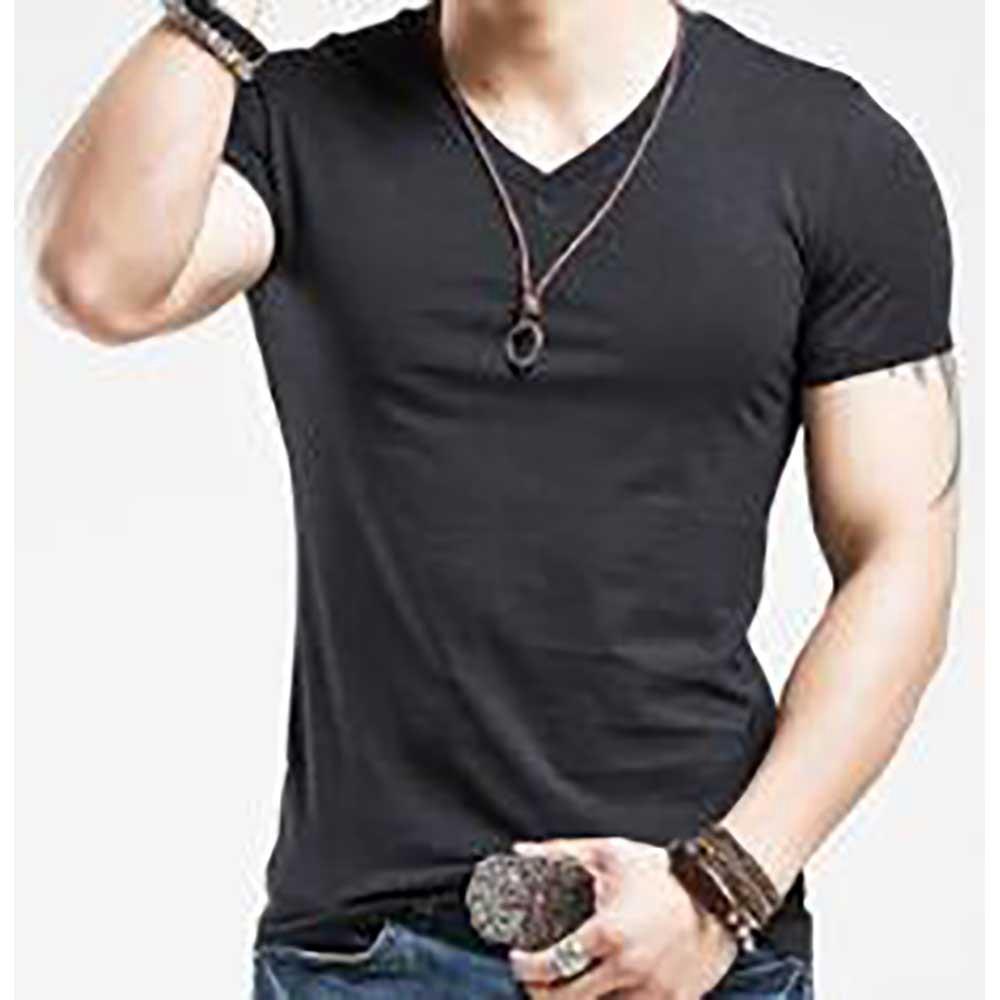 Men Solid Color Casual T-shirt Cotton Crewneck Short Sleeve Size XL - Black