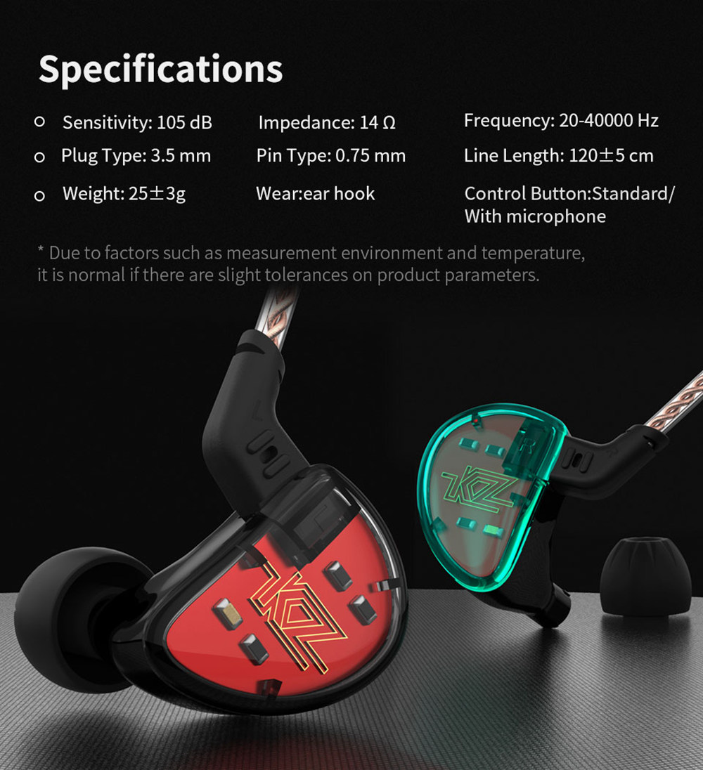 KZ AS10 5BA HiFi Stereo Earphone In-ear Earbuds with 0.75mm 2 Pin Cable - Black WITH MIC