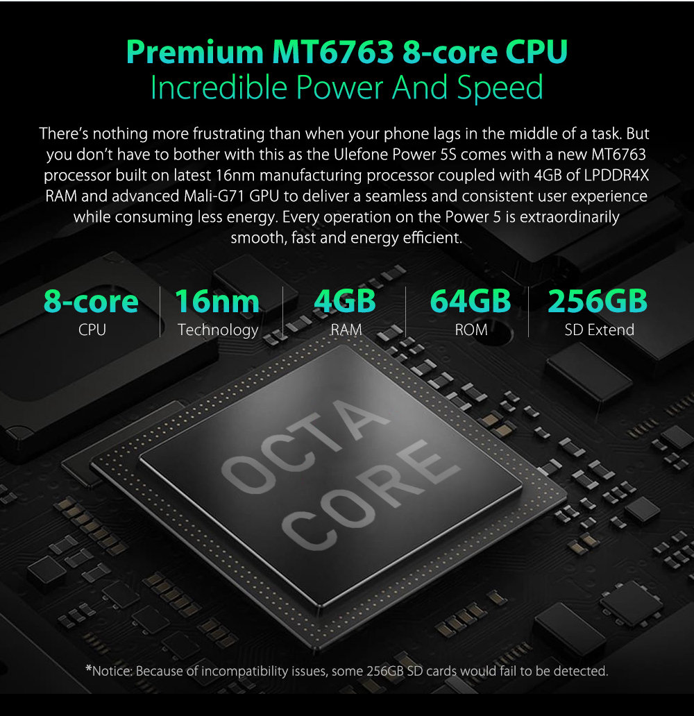 Ulefone Power 5S 6.21 Inch 4G LTE Smartphone MT6763 6GB 64GB 21.0MP+5.0MP Dual Rear Cameras Android 8.1 Type-C Face ID - Black
