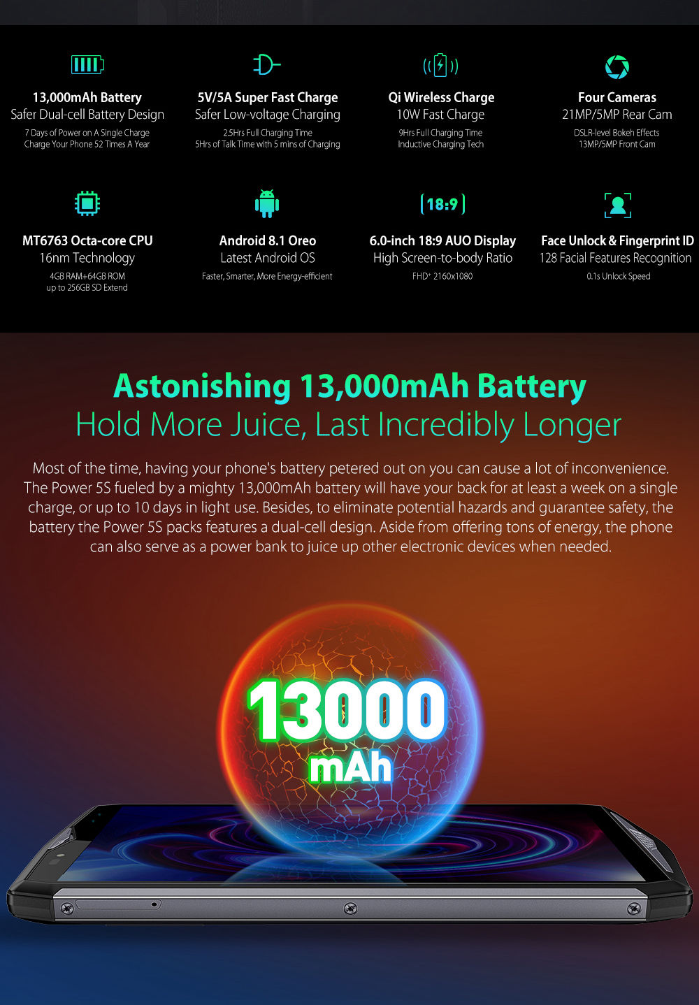 Ulefone Power 5S 6.21 Inch 4G LTE Smartphone MT6763 6GB 64GB 21.0MP+5.0MP Dual Rear Cameras Android 8.1 Type-C Face ID - Black