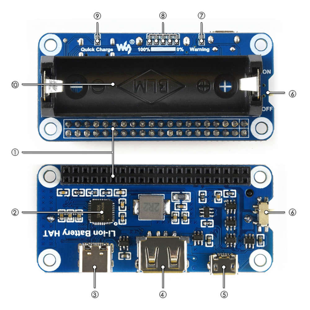 Waveshare Li-ion Battery HAT for Raspberry Pi with 5V Output and Quick Charge - Blue