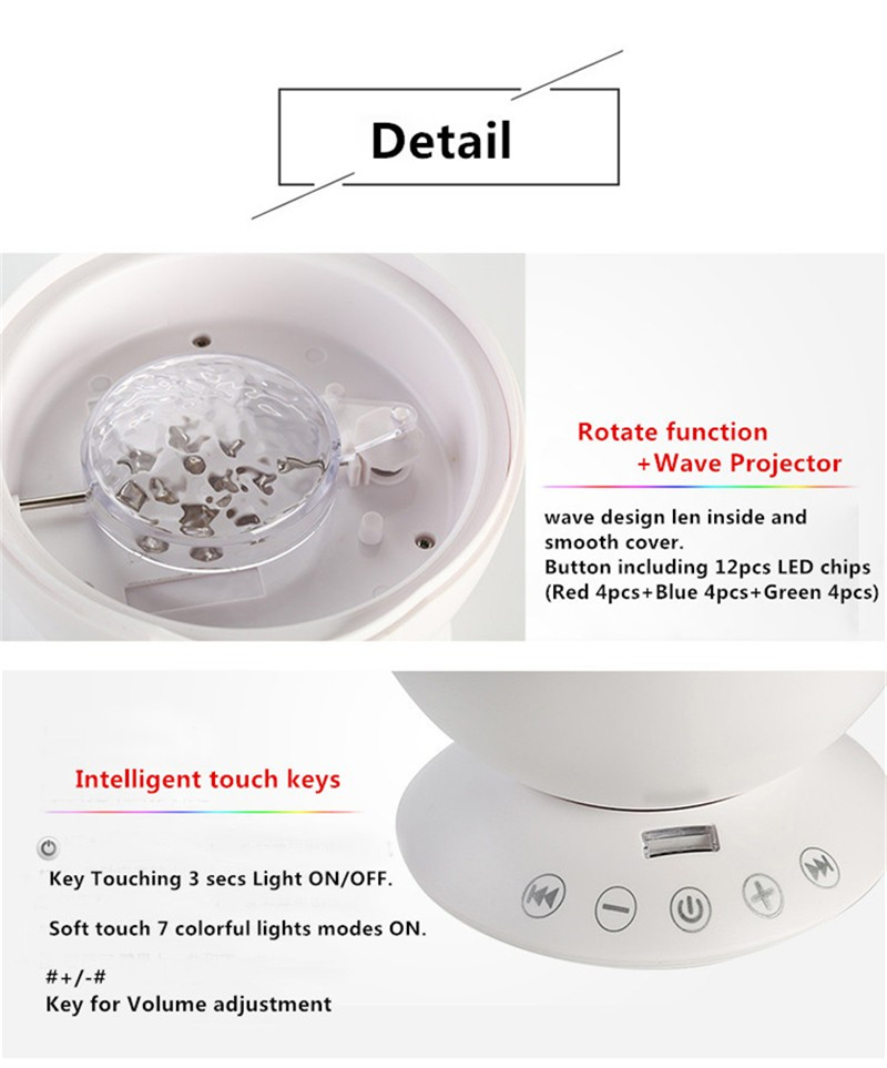 FUMAT Ocean Wave Projector Night Light Baby Night Lamps with IR Remote Control RGB Music Player Speaker LED Lamp - White