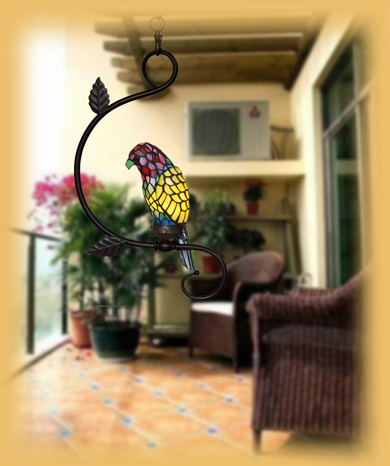FUMAT Tiffany Style Stained Glass Handcrafted Pendant Light - Creative Green Parrot Hanging Lamp