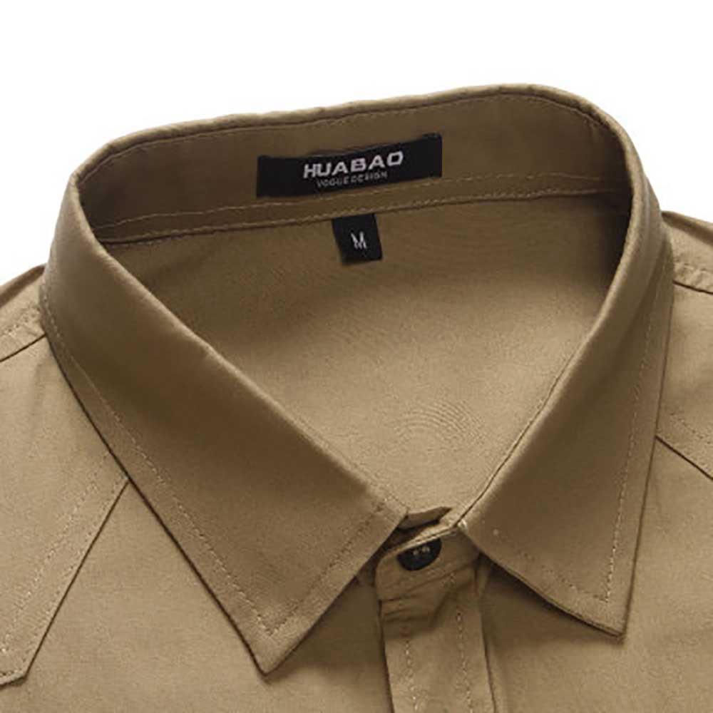 Men's Autumn Business Casual Lapel Shirt Long Sleeve Slim Fit 100% Cotton Size M - Khaki
