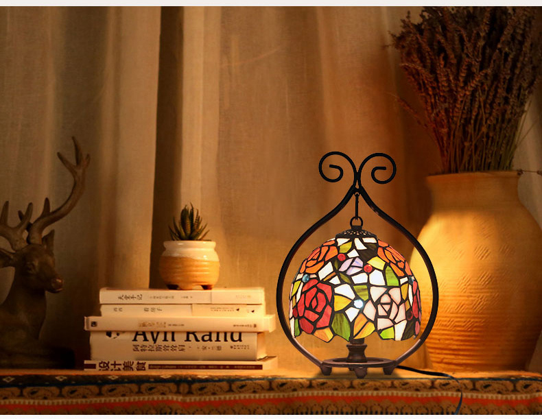 FUMAT 9 Inches Tiffany Style Stained Glass Handcrafted Round Mini Table Lamp - Romantic Rose Design