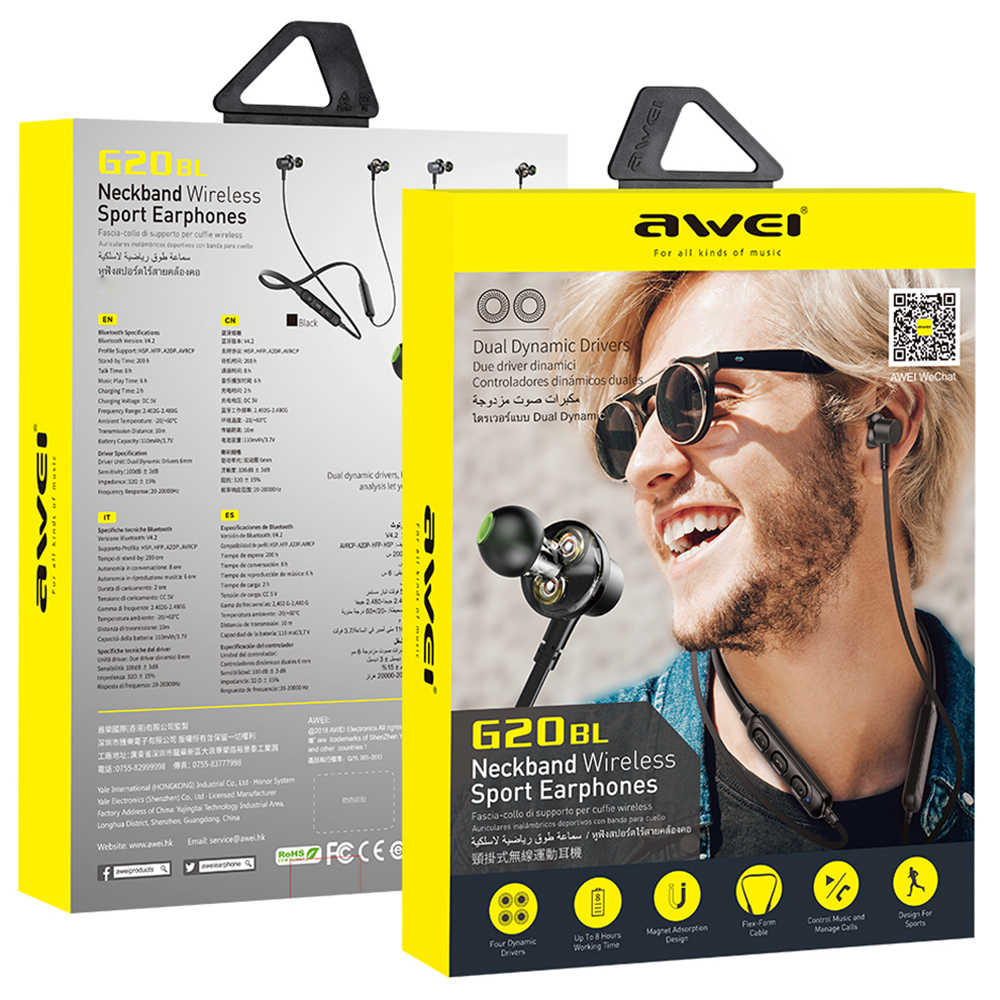 Awei G20BL Neckband Wireless Bluetooth Sport Earphones Magnetic Waterproof Headphones - Grey