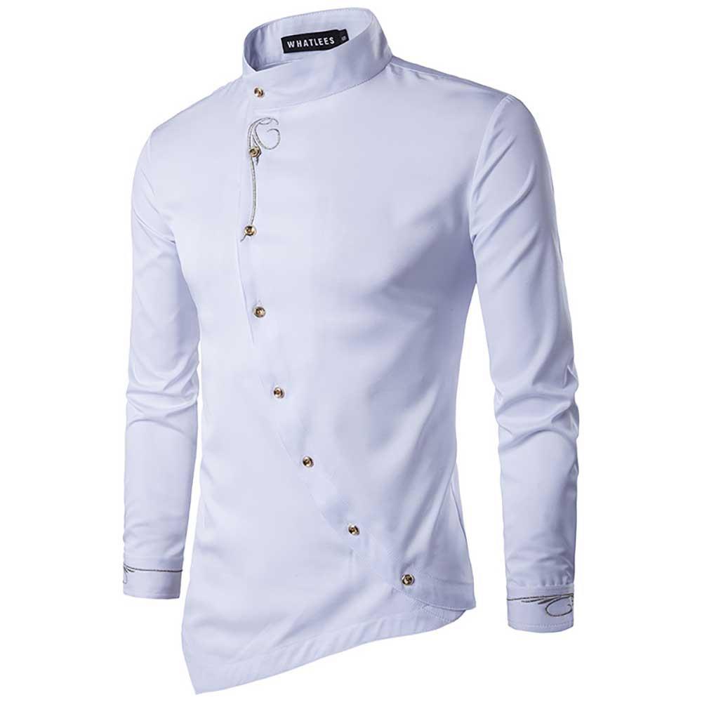 Men's Fashion Casual Long Sleeved Shirt Solid Color Slim Fit Cotton Size S - White