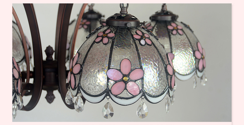 FUMAT Tiffany Style Stained Glass Handcrafted Chandelier - Wrought Iron Pink Floral Design with 6 Lights