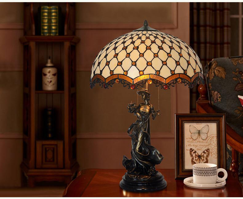 FUMAT Tiffany Style Stained Glass Handcrafted Table Lamp - Copper Antique Saintess Floral Two-tone Rose Design