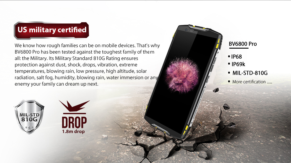 Blackview BV6800 Pro 5.7 Inch 4G LTE Smartphone MT6750T 4GB 64GB 16.0MP Dual Rear Cameras Android 8.0 IP68 Wireless Charging 6580mAh Type-C NFC - Yellow