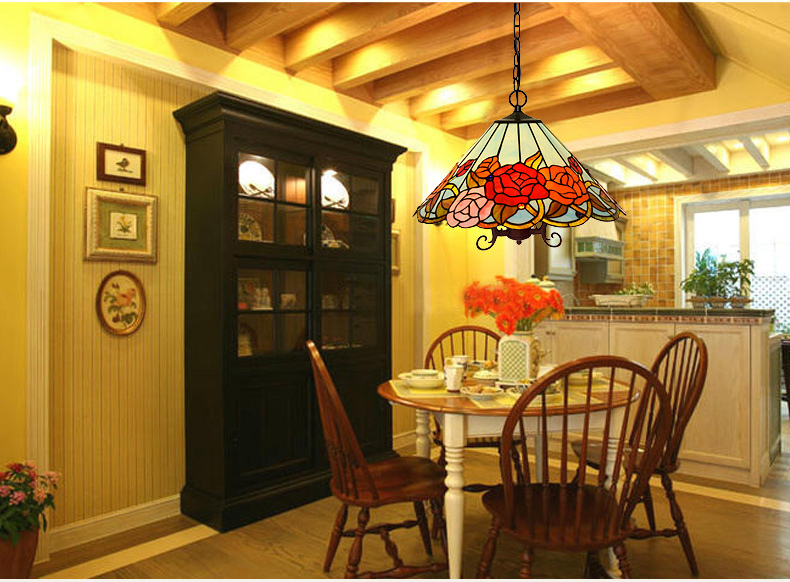 FUMAT Tiffany Style Stained Glass Pendant Light - Romantic Rose Love Design