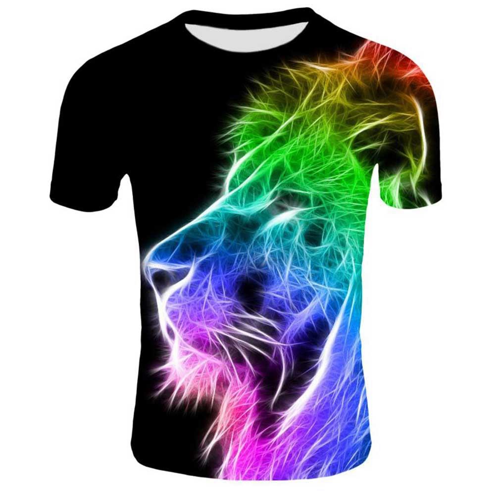 3D Digital Printed Colorful Lion Pattern Men's Summer Short Sleeve T-shirt Size L - Multi-color