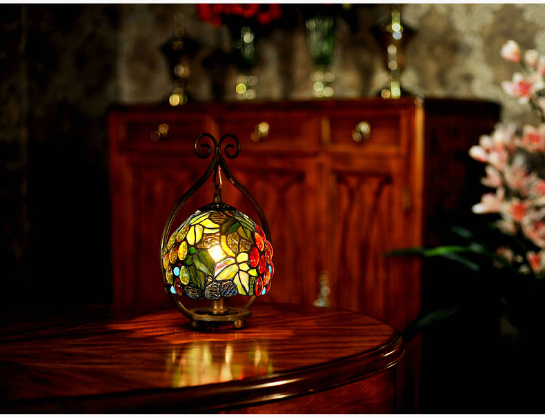 FUMAT 9 Inches Tiffany Style Stained Glass Handcrafted Round Mini Table Lamp - Romantic Rose Design