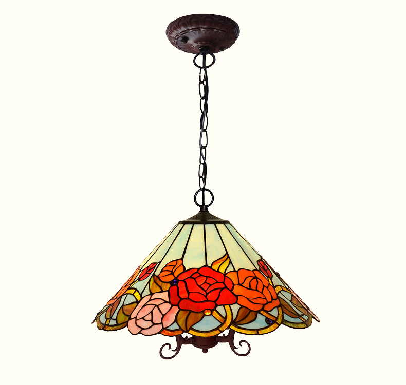 FUMAT Tiffany Style Stained Glass Pendant Light - Romantic Rose Love Design