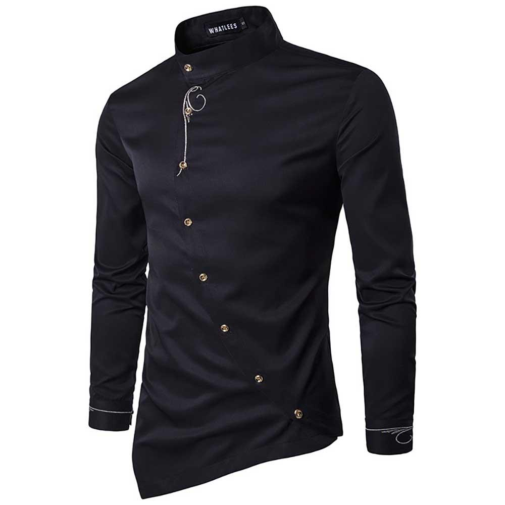 Men's Fashion Casual Long Sleeve Shirt Slim Fit Special Buttons Cotton Size S - Black