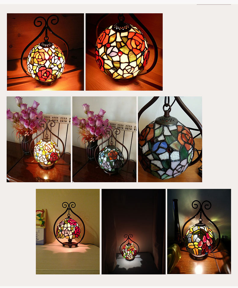 FUMAT 9 Inches Tiffany Style Stained Glass Handcrafted Round Mini Table Lamp - Romantic Rose Design