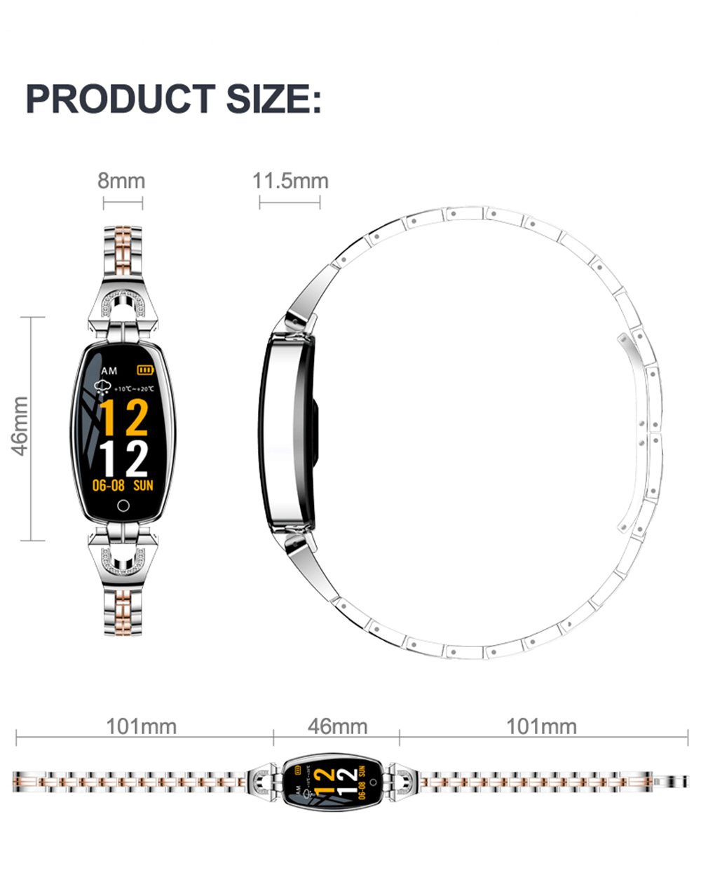 H8 Women Smart Bracelet 0.96 Inch TFT Color Screen Heart Rate Sleep Monitor IP67 Waterproof Multiple Sports Mode - Black