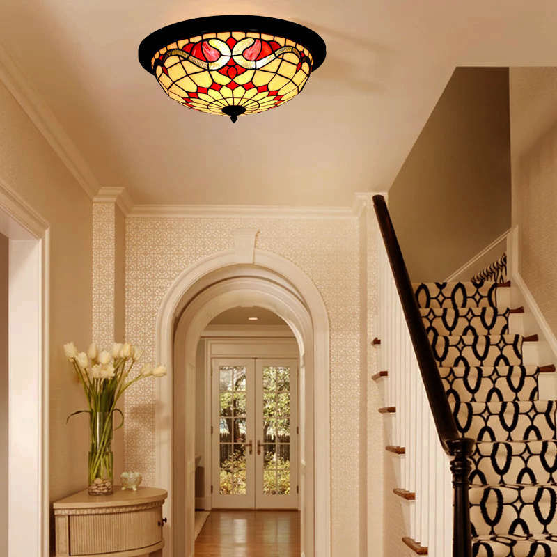 FUMAT Tiffany Style Stained Glass Handcrafted Retro Ceiling Light - Retro Dragonfly Nightfall Red Design