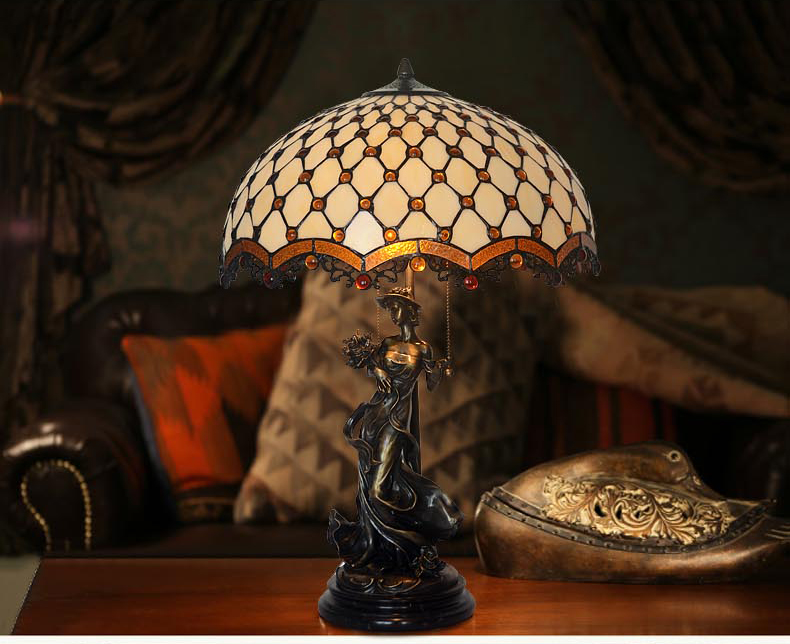 FUMAT Tiffany Style Stained Glass Handcrafted Table Lamp - Copper Antique Saintess Floral Two-tone Rose Design