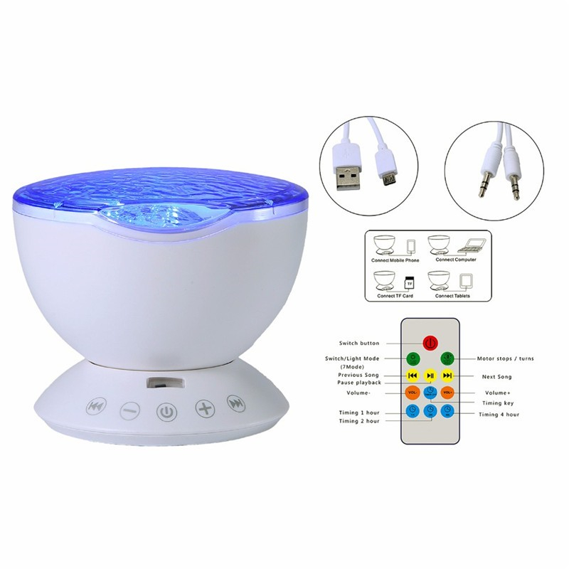 FUMAT Ocean Wave Projector Night Light Baby Night Lamps with IR Remote Control RGB Music Player Speaker LED Lamp - White