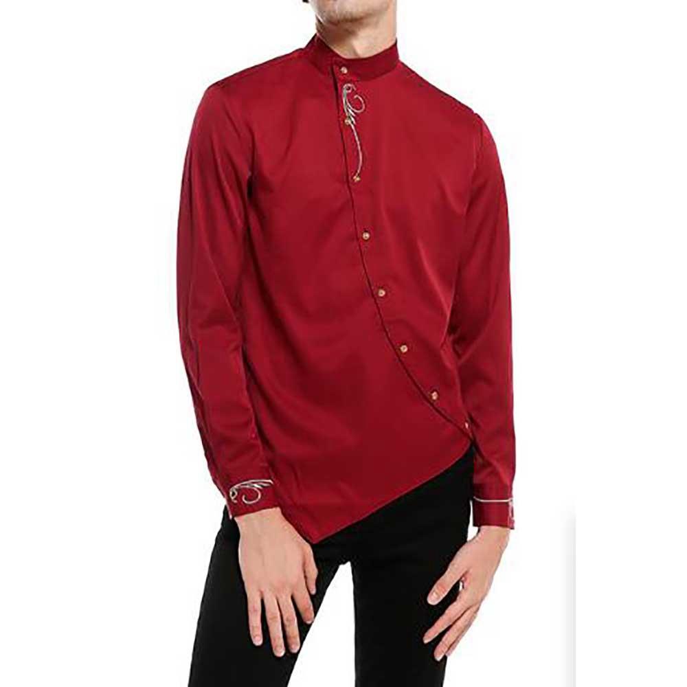 Men's Fashion Casual Long Sleeve Shirt Slim Fit Special Buttons Cotton Size S - Burgundy