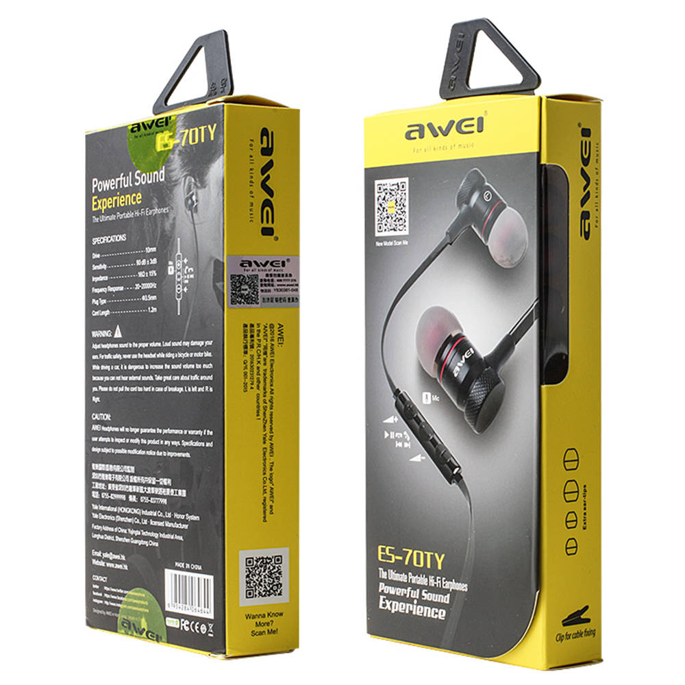 Awei ES-70TY Wired Earphone with Mic Wire Control 3.5mm Headsets - Gold