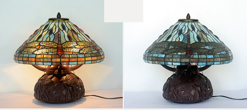 FUMAT 16 Inches Tiffany Style Stained Glass Double Lit Table Lamp - Color Glass Base Dragonfly Design