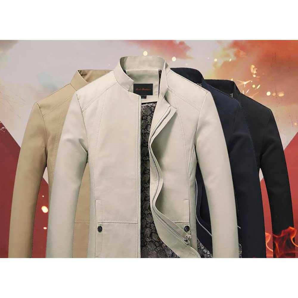 Men's Autumn & Winter Business Casual Stand Collar Coat Slim Fit Jacket With Zipper Size M - Beige