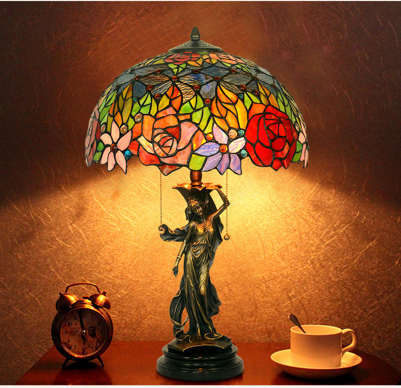 FUMAT Tiffany Style Stained Glass Handcrafted Table Lamp - Copper Antique Saintess Two-tone Rose Design