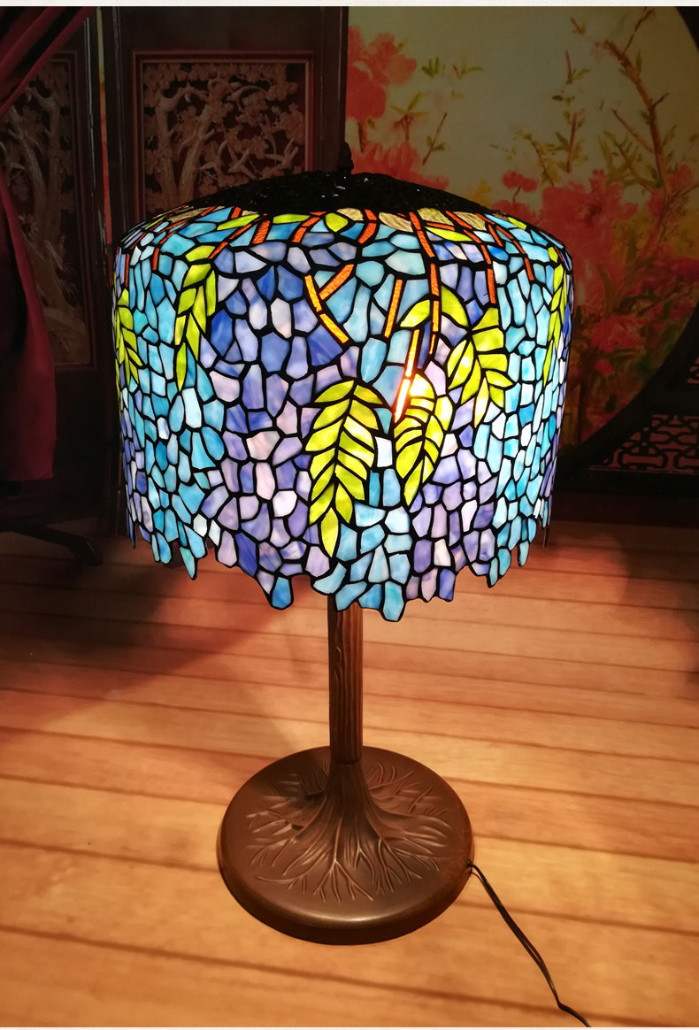 FUMAT 18 Inches Tiffany Style Stained Glass Table Lamp - Blue Mediterranean Wisteria Love Design