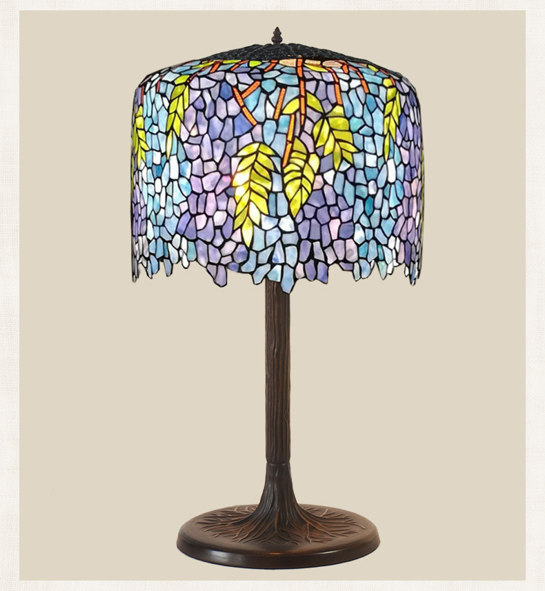 FUMAT 18 Inches Tiffany Style Stained Glass Table Lamp - Blue Mediterranean Wisteria Love Design