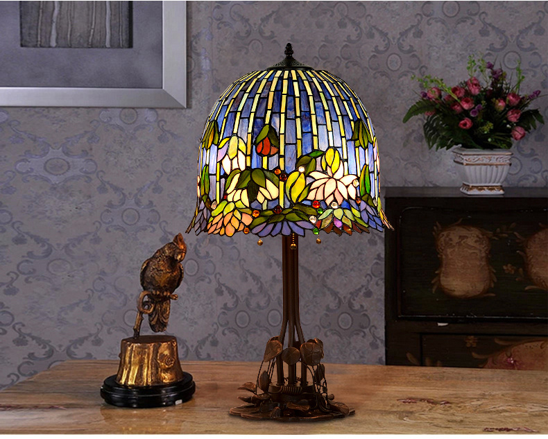 FUMAT 18 Inches Tiffany Style Stained Glass Metal Iron Base Handcrafted Floor Lamp - Romantic Lotus Moonlight Design