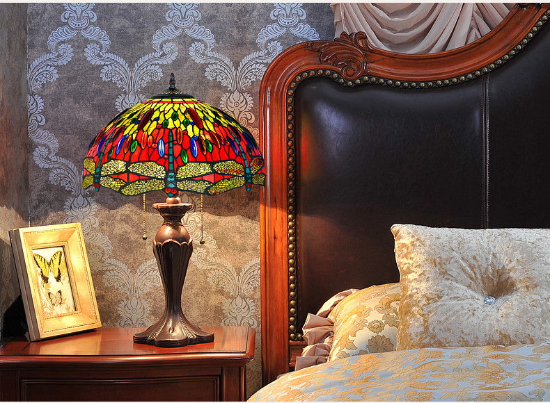 FUMAT 16" Tiffany Style Stained Glass Table Lamp - Retro Dragonfly Glass Design