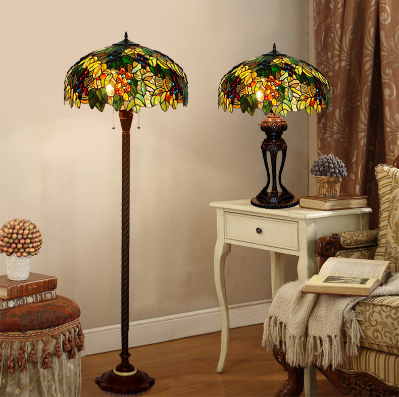 FUMAT 8" Tiffany Style Stained Glass Table Lamp - Romantic Grape Leaf Design