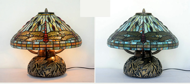 FUMAT 16 Inches Tiffany Style Stained Glass Double Lit Table Lamp - Color Glass Base Dragonfly Design