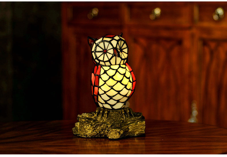 FUMAT Tiffany Style Stained Glass Handcrafted Table Lamp - Creative Colorful Owl Design