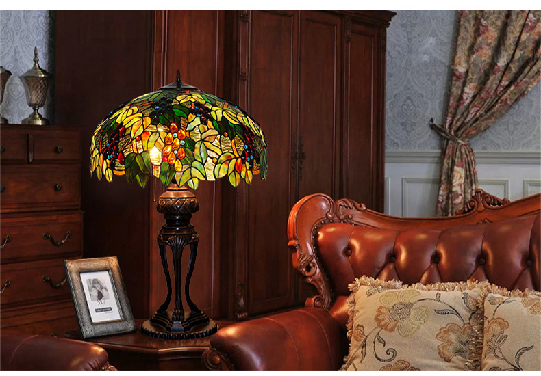 FUMAT 8" Tiffany Style Stained Glass Table Lamp - Romantic Grape Leaf Design