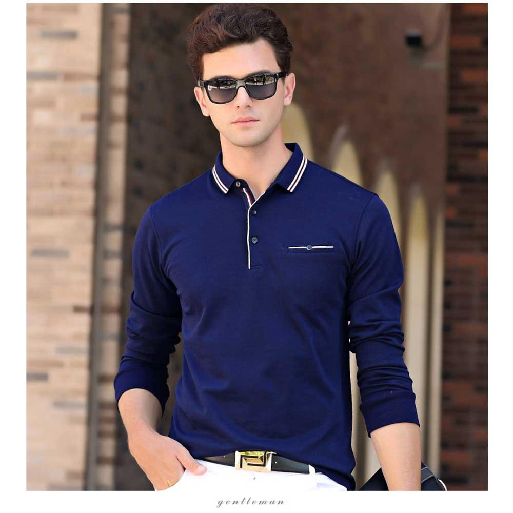Men's Autumn Business Casual Long Sleeve Lapel Polo Shirt Anti-Pilling Size XL - Blue
