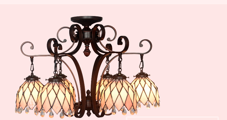 FUMAT Tiffany Style Stained Glass Handcrafted Chandelier - Wrought Iron Pink Floral Design with 6 Lights