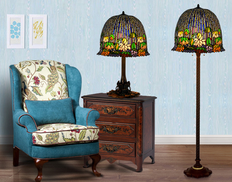 FUMAT 18 Inches Tiffany Style Stained Glass Metal Iron Base Handcrafted Table Lamp - Romantic Lotus Moonlight Design