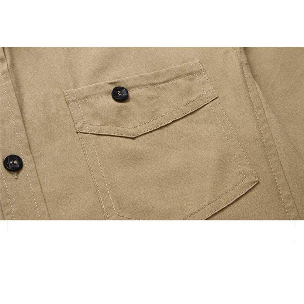 Men's Autumn Business Casual Lapel Shirt Long Sleeve Slim Fit 100% Cotton Size M - Khaki