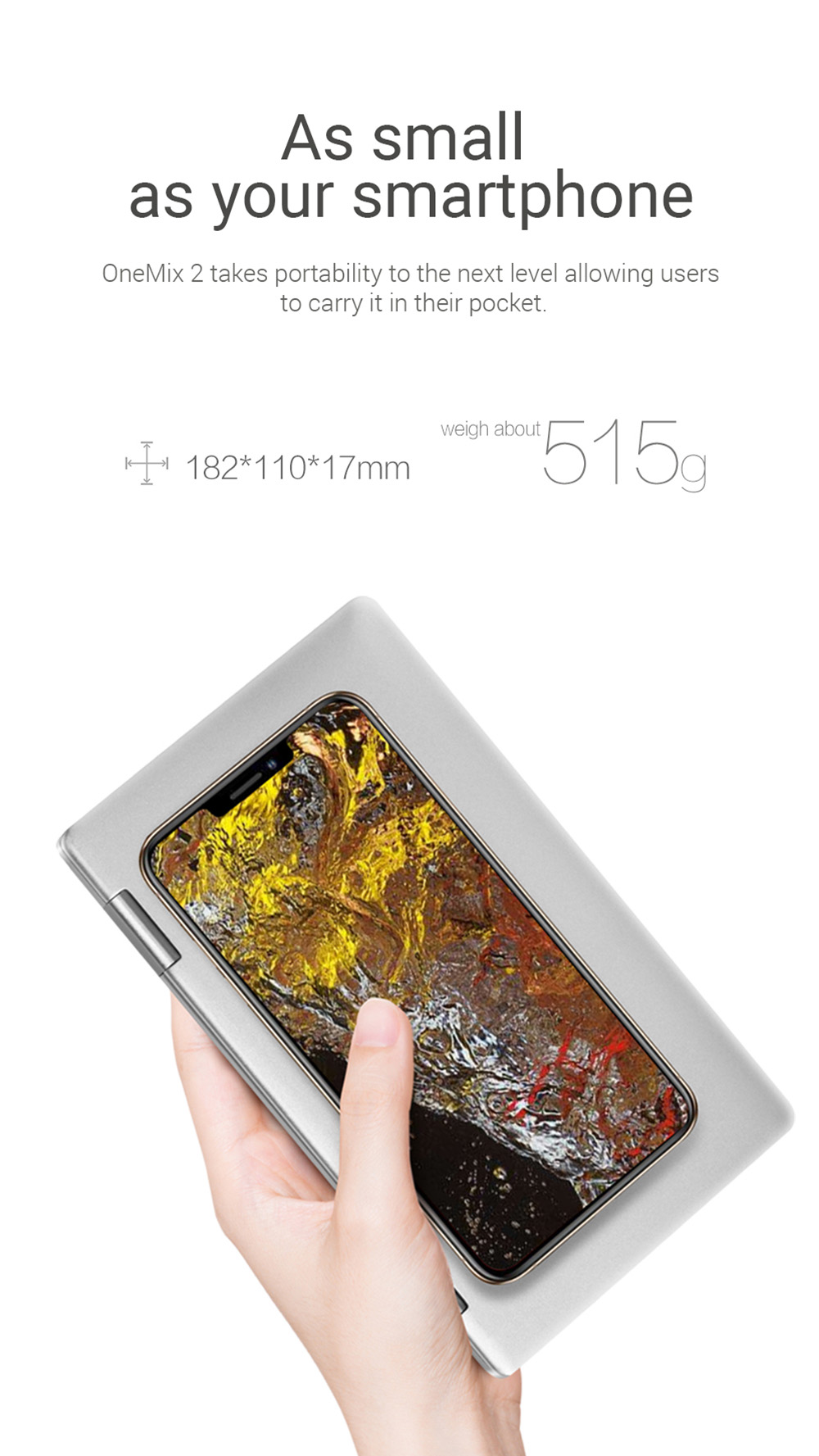 One Netbook One Mix 2 Yoga Pocket Laptop Intel Core m3-7Y30 Quad Core Touch ID 7" IPS Screen 1920*1200 Windows 10 8GB DDR3 256GB PCI-E SSD - Silver