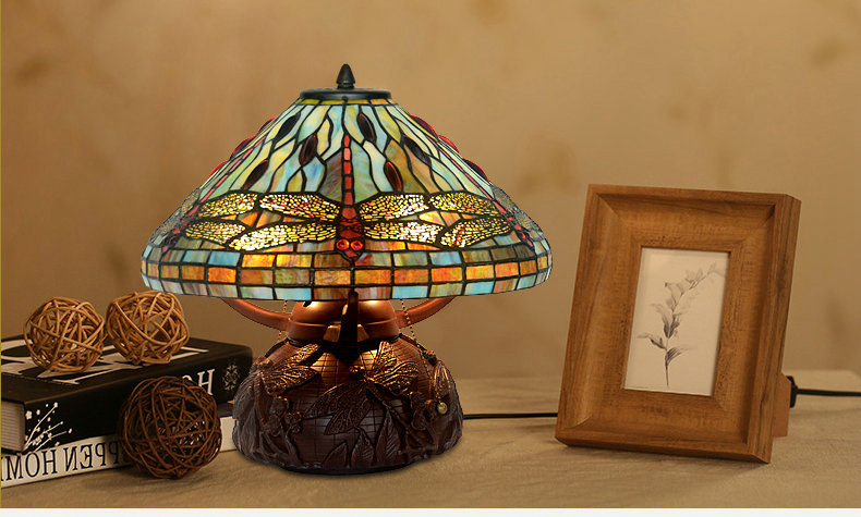 FUMAT 16 Inches Tiffany Style Stained Glass Double Lit Table Lamp - Color Glass Base Dragonfly Design