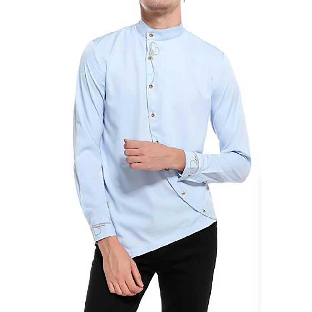 Men's Fashion Casual Long Sleeve Shirt Slim Fit Special Buttons Cotton Size S - Light Blue