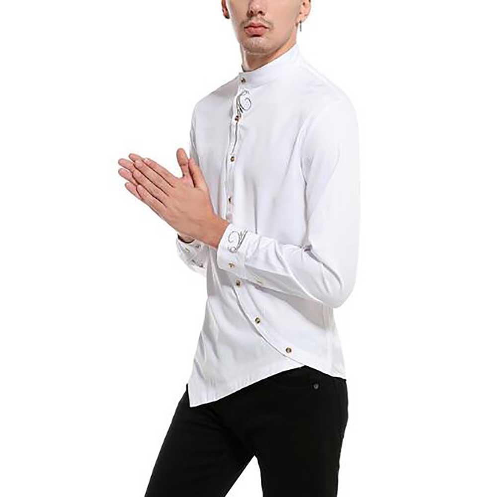 Men's Fashion Casual Long Sleeved Shirt Solid Color Slim Fit Cotton Size S - White