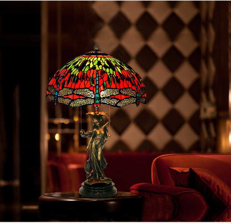 FUMAT Tiffany Style Stained Glass Handcrafted Table Lamp - Copper Antique Saintess Grape Orchard Design